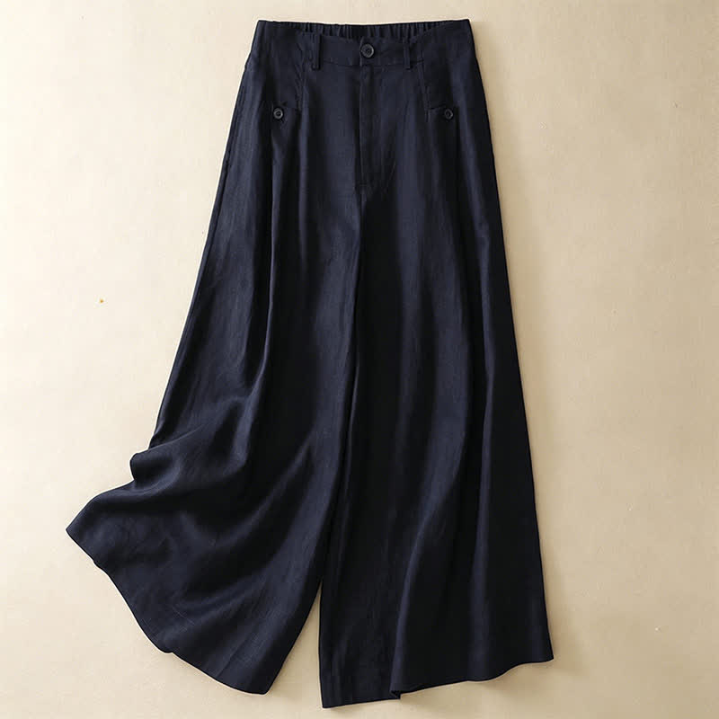 Buddha Stones Pantalones tobilleros de algodón ramio liso, elegantes y casuales de verano, con botones, de pierna ancha y bolsillo. - Azul medianoche - US8-10, UK/AU12-14, EU40-42 (2XL) - image 7