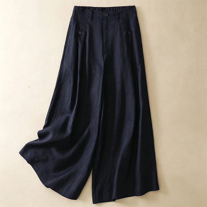 Buddha Stones Pantalones tobilleros de algodón ramio liso, elegantes y casuales de verano, con botones, de pierna ancha y bolsillo. - Azul medianoche - US8-10, UK/AU12-14, EU40-42 (2XL) - image 7