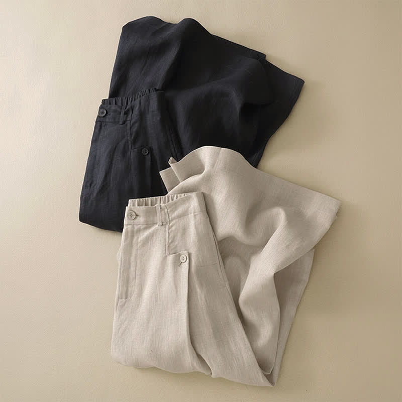 Buddha Stones Pantalones tobilleros de algodón ramio liso, elegantes y casuales de verano, con botones, de pierna ancha y bolsillo. - image 11