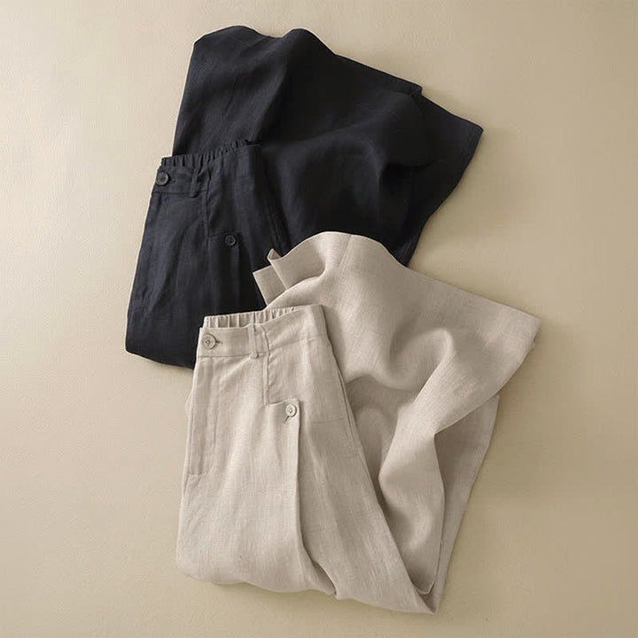 Buddha Stones Pantalones tobilleros de algodón ramio liso, elegantes y casuales de verano, con botones, de pierna ancha y bolsillo. - image 11