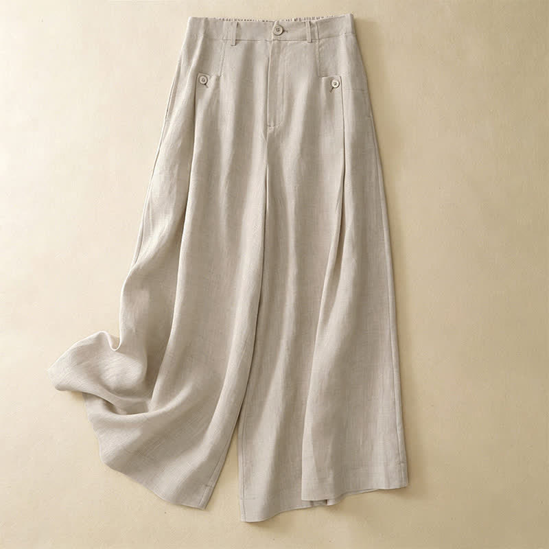 Buddha Stones Pantalones tobilleros de algodón ramio liso, elegantes y casuales de verano, con botones, de pierna ancha y bolsillo. - image 1