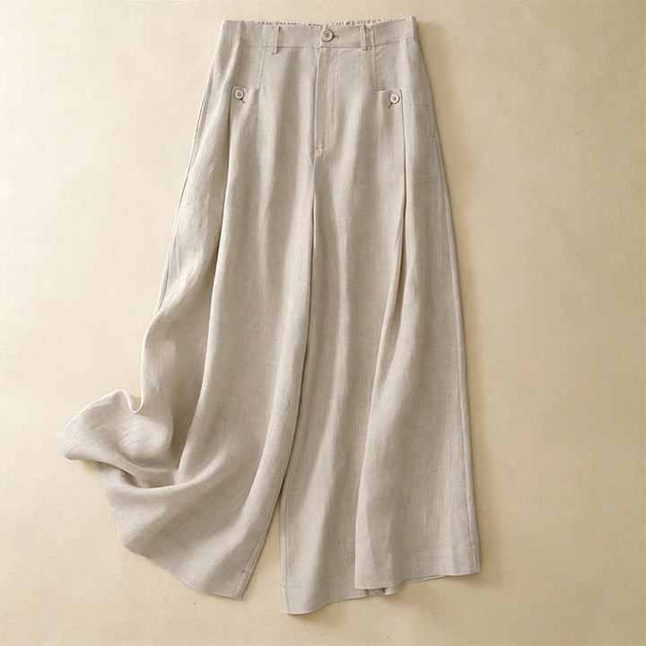 Buddha Stones Pantalones tobilleros de algodón ramio liso, elegantes y casuales de verano, con botones, de pierna ancha y bolsillo. - image 1