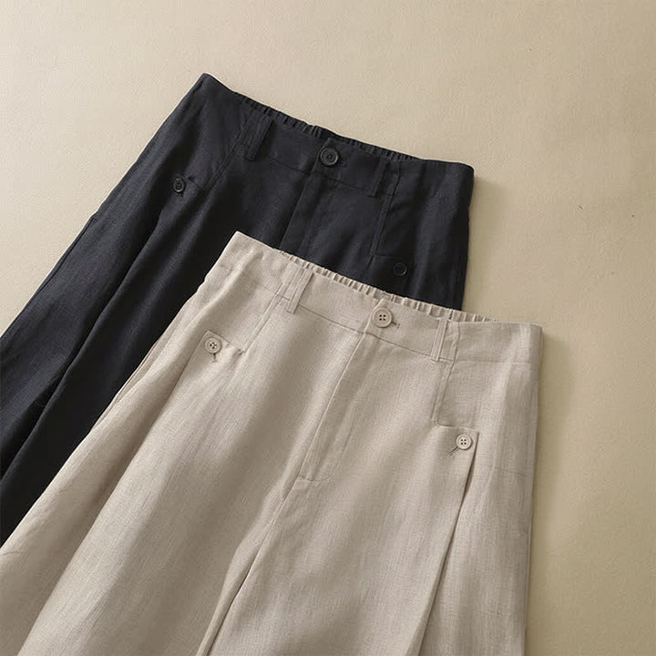 Buddha Stones Pantalones tobilleros de algodón ramio liso, elegantes y casuales de verano, con botones, de pierna ancha y bolsillo. - image 12