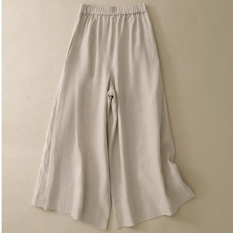 Buddha Stones Pantalones tobilleros de algodón ramio liso, elegantes y casuales de verano, con botones, de pierna ancha y bolsillo. - Beige - US8-10, UK/AU12-14, EU40-42 (2XL) - image 0