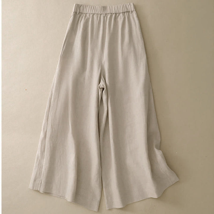 Buddha Stones Pantalones tobilleros de algodón ramio liso, elegantes y casuales de verano, con botones, de pierna ancha y bolsillo. - Beige - US8-10, UK/AU12-14, EU40-42 (2XL) - image 0