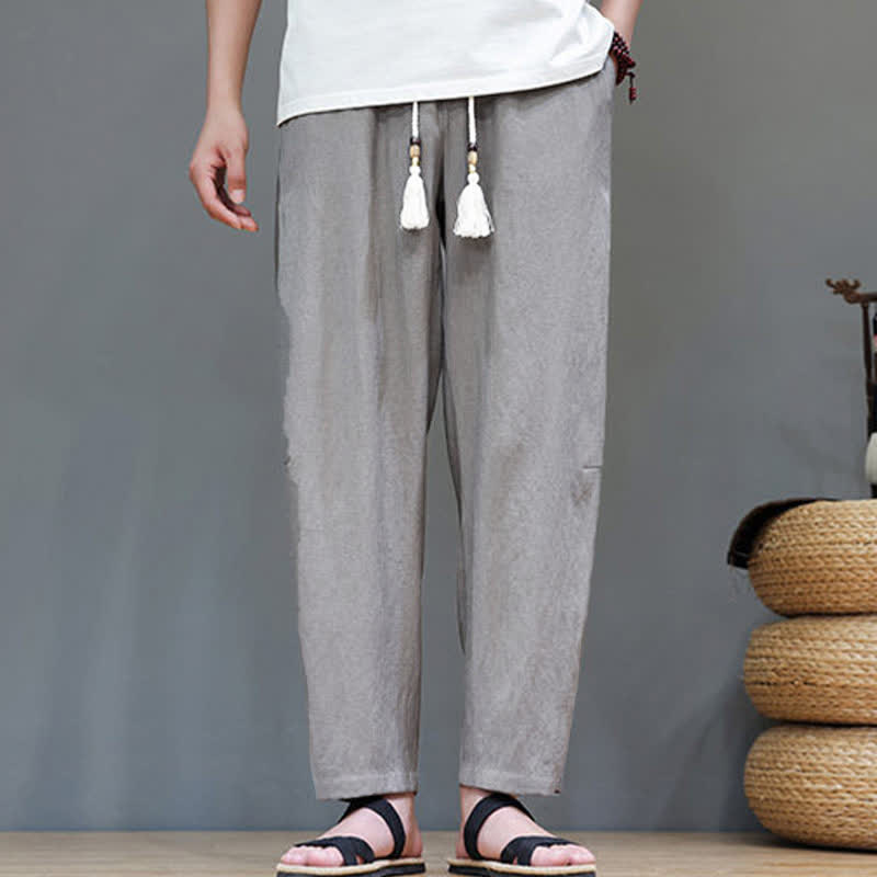 Pantalones tobilleros lisos informales de verano con cordón ajustable y estampado de Buddha Stones para hombre. Pantalones rectos con bolsillo. - image 1