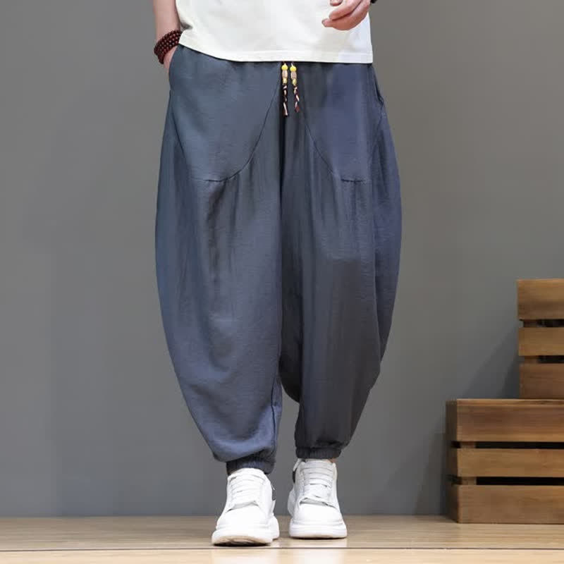 Buddha Stones Pantalones cortos de algodón liso estilo vintage con cordón ajustable, estilo harem para hombre, con bolsillo. - Gris pizarra - US/UK/AU46, EU56 (5XL) - image 0