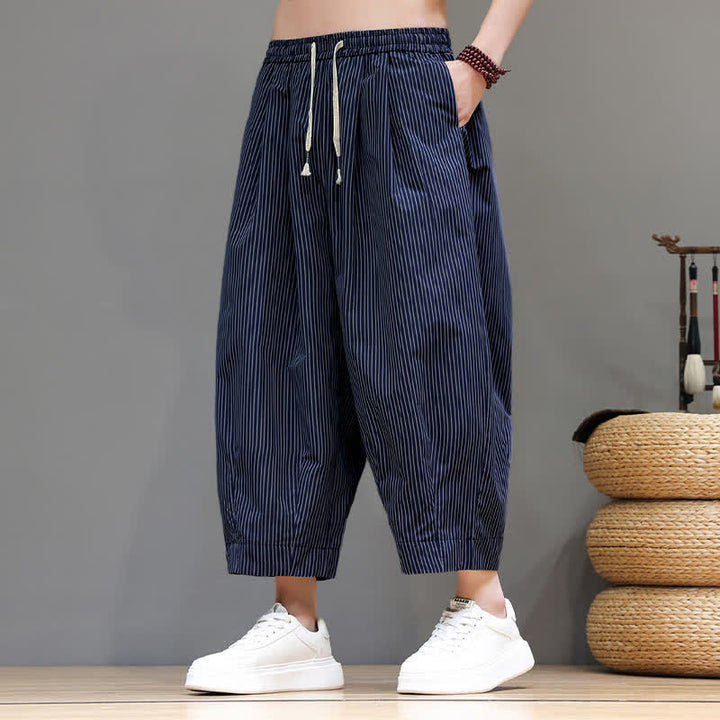Pantalones capri de verano informales con cordón ajustable y rayas Buddha Stones para hombre, estilo harem, con bolsillo. - Azul pizarra oscuro - US/UK/AU46, EU56 (5XL) - image 0