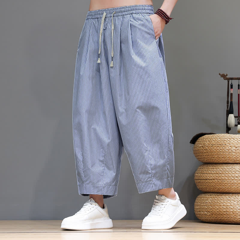 Pantalones capri de verano informales con cordón ajustable y rayas Buddha Stones para hombre, estilo harem, con bolsillo. - AliciaAzul - US/UK/AU46, EU56 (5XL) - image 10