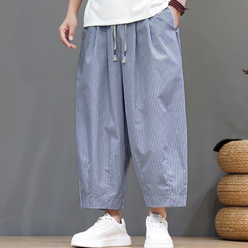 Pantalones capri de verano informales con cordón ajustable y rayas Buddha Stones para hombre, estilo harem, con bolsillo. - image 19