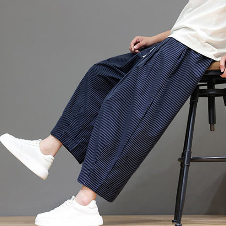 Pantalones capri de verano informales con cordón ajustable y rayas Buddha Stones para hombre, estilo harem, con bolsillo. - Azul pizarra oscuro - US/UK/AU46, EU56 (5XL) - image 0