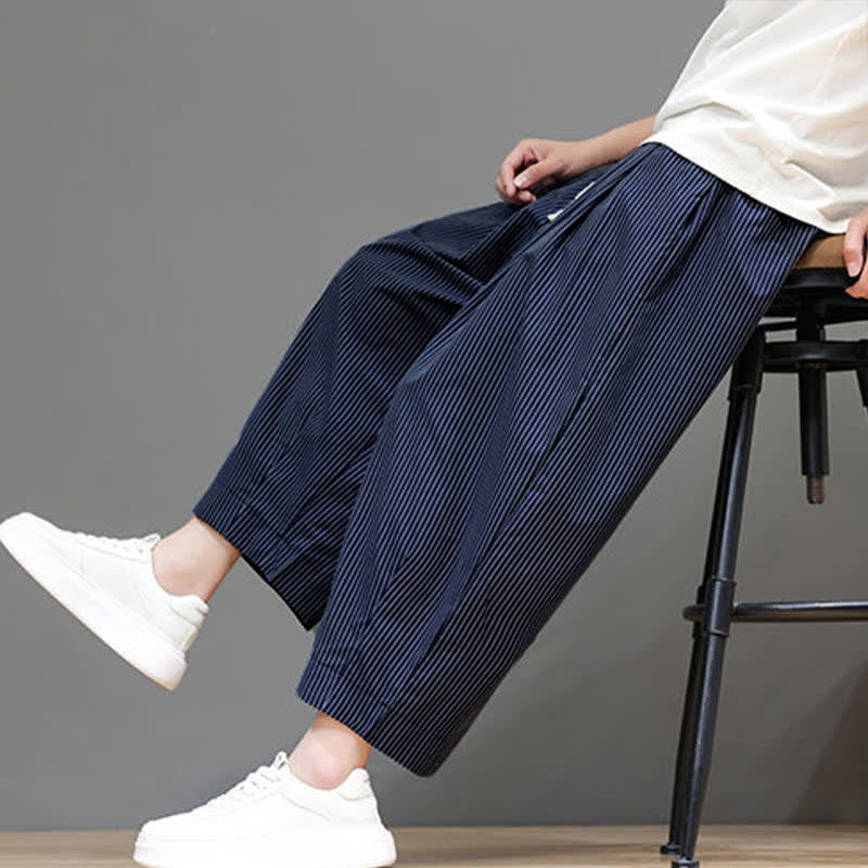 Pantalones capri de verano informales con cordón ajustable y rayas Buddha Stones para hombre, estilo harem, con bolsillo. - Azul pizarra oscuro - US/UK/AU46, EU56 (5XL) - image 0