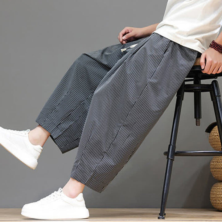 Pantalones capri de verano informales con cordón ajustable y rayas Buddha Stones para hombre, estilo harem, con bolsillo. - Gris - US/UK/AU46, EU56 (5XL) - image 33