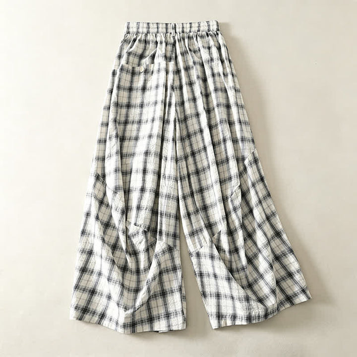 Buddha Stones Pantalones largos de verano informales a cuadros para mujer, de corte ajustado y con bolsillos. - image 1