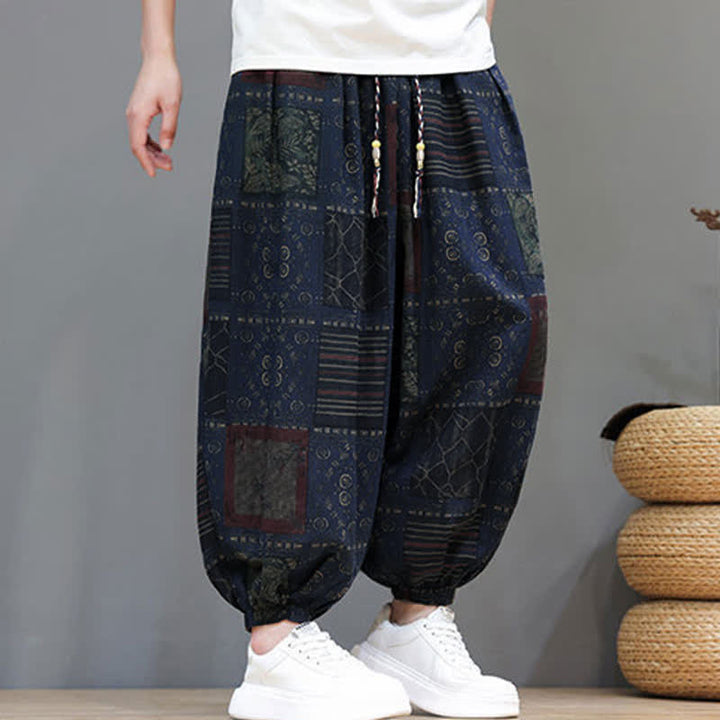 Buddha Stones Pantalones cortos geométricos de estilo bohemio casual de verano con cordón ajustable para hombre, estilo harem con bolsillo. - image 1