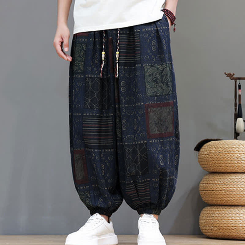 Buddha Stones Pantalones cortos geométricos de estilo bohemio casual de verano con cordón ajustable para hombre, estilo harem con bolsillo. - image 7