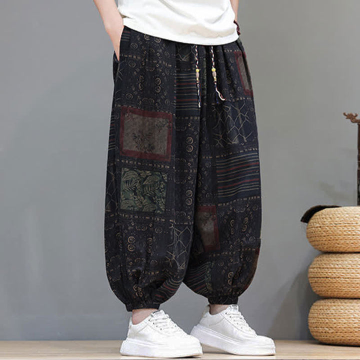 Buddha Stones Pantalones cortos geométricos de estilo bohemio casual de verano con cordón ajustable para hombre, estilo harem con bolsillo. - image 43