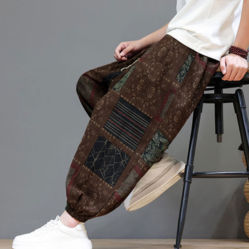 Buddha Stones Pantalones cortos geométricos de estilo bohemio casual de verano con cordón ajustable para hombre, estilo harem con bolsillo. - image 16