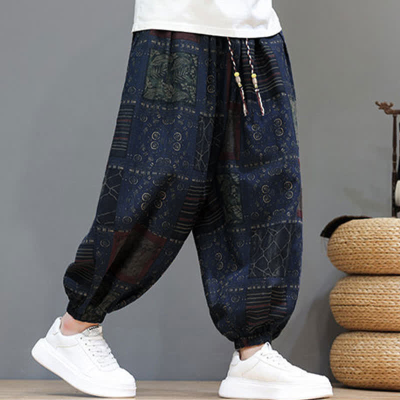 Buddha Stones Pantalones cortos geométricos de estilo bohemio casual de verano con cordón ajustable para hombre, estilo harem con bolsillo. - image 8