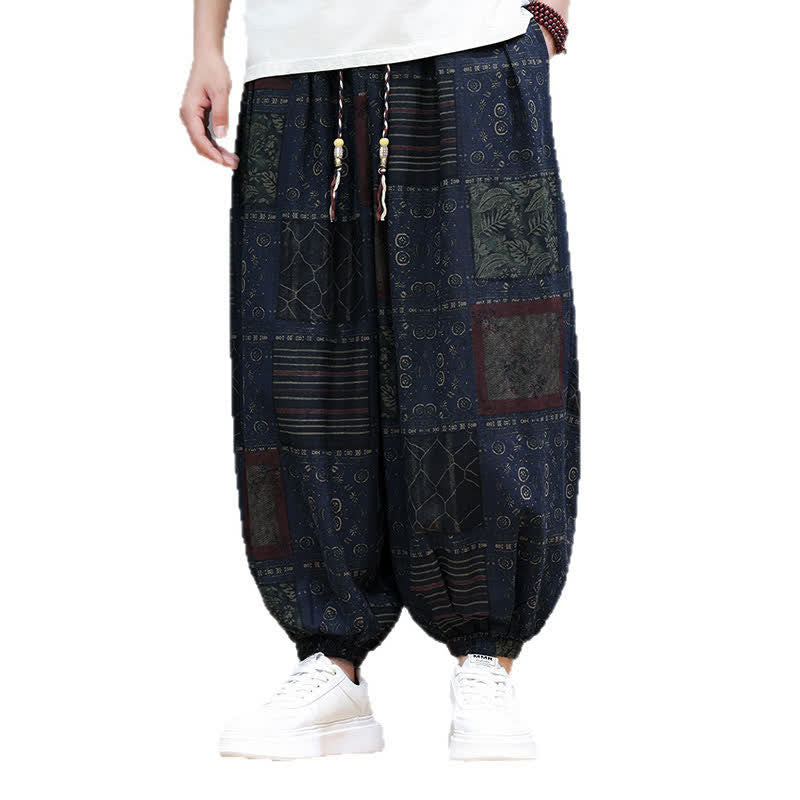 Buddha Stones Pantalones cortos geométricos de estilo bohemio casual de verano con cordón ajustable para hombre, estilo harem con bolsillo. - image 4