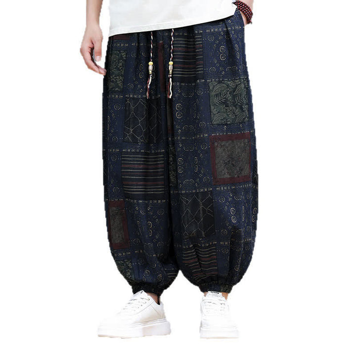 Buddha Stones Pantalones cortos geométricos de estilo bohemio casual de verano con cordón ajustable para hombre, estilo harem con bolsillo. - image 4