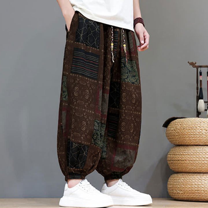 Buddha Stones Pantalones cortos geométricos de estilo bohemio casual de verano con cordón ajustable para hombre, estilo harem con bolsillo. - image 18
