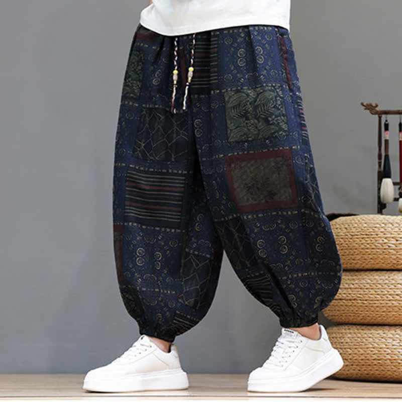 Buddha Stones Pantalones cortos geométricos de estilo bohemio casual de verano con cordón ajustable para hombre, estilo harem con bolsillo. - Azul medianoche - US/UK/AU46, EU56 (5XL) - image 0