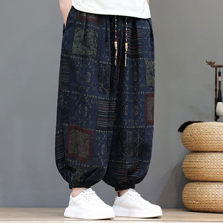 Buddha Stones Pantalones cortos geométricos de estilo bohemio casual de verano con cordón ajustable para hombre, estilo harem con bolsillo. - image 3