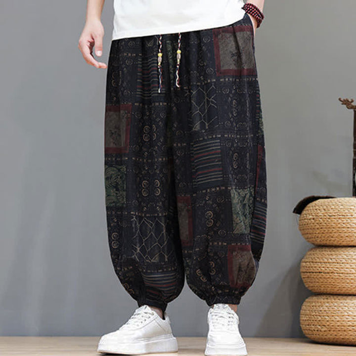 Buddha Stones Pantalones cortos geométricos de estilo bohemio casual de verano con cordón ajustable para hombre, estilo harem con bolsillo. - image 44