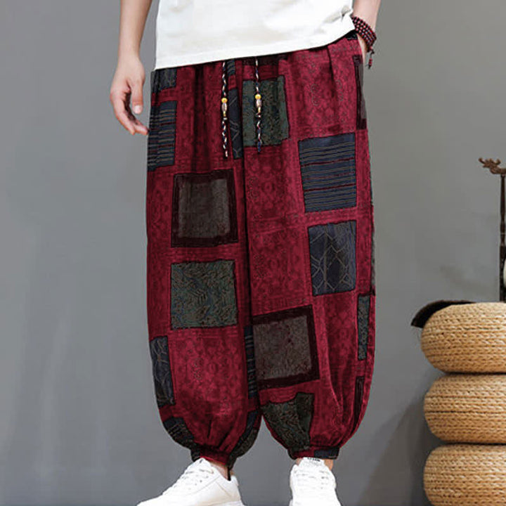 Buddha Stones Pantalones cortos geométricos de estilo bohemio casual de verano con cordón ajustable para hombre, estilo harem con bolsillo. - image 33