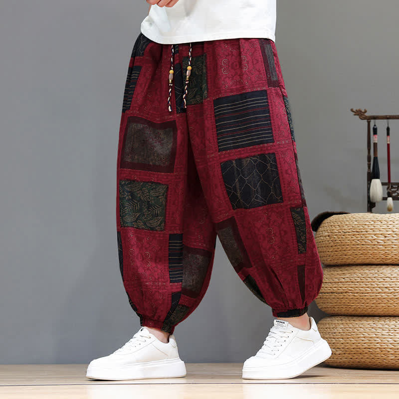 Buddha Stones Pantalones cortos geométricos de estilo bohemio casual de verano con cordón ajustable para hombre, estilo harem con bolsillo. - Ladrillo refractario - US/UK/AU46, EU56 (5XL) - image 31