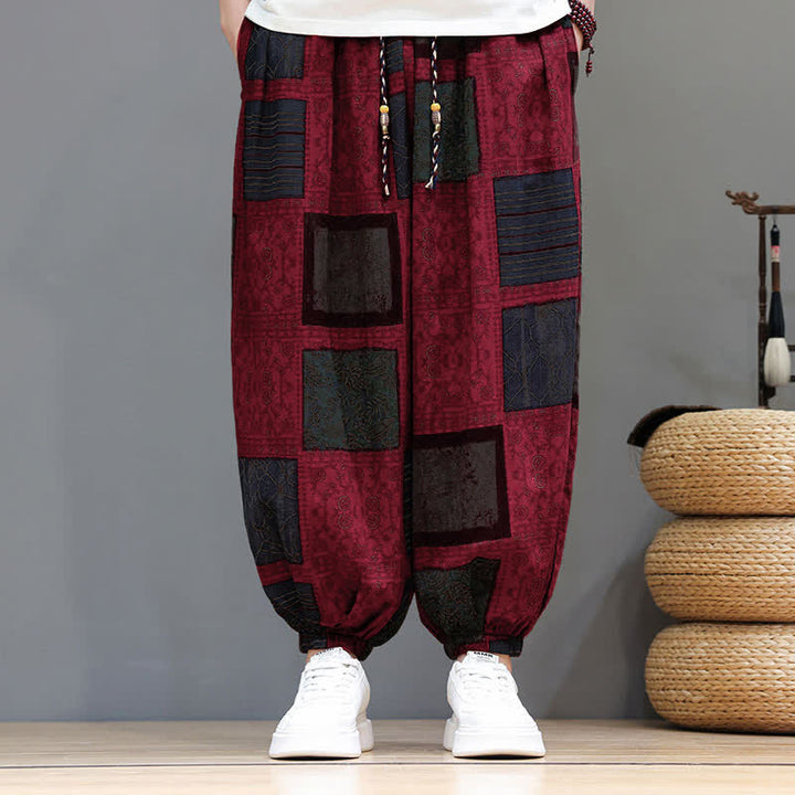 Buddha Stones Pantalones cortos geométricos de estilo bohemio casual de verano con cordón ajustable para hombre, estilo harem con bolsillo. - image 40