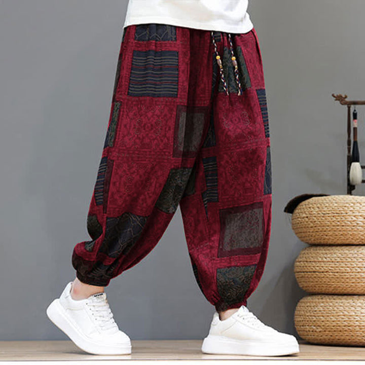 Buddha Stones Pantalones cortos geométricos de estilo bohemio casual de verano con cordón ajustable para hombre, estilo harem con bolsillo. - image 35