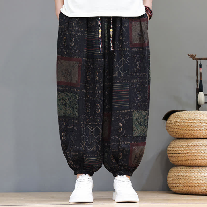 Buddha Stones Pantalones cortos geométricos de estilo bohemio casual de verano con cordón ajustable para hombre, estilo harem con bolsillo. - image 48