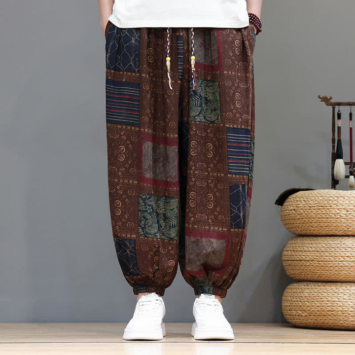 Buddha Stones Pantalones cortos geométricos de estilo bohemio casual de verano con cordón ajustable para hombre, estilo harem con bolsillo. - image 10