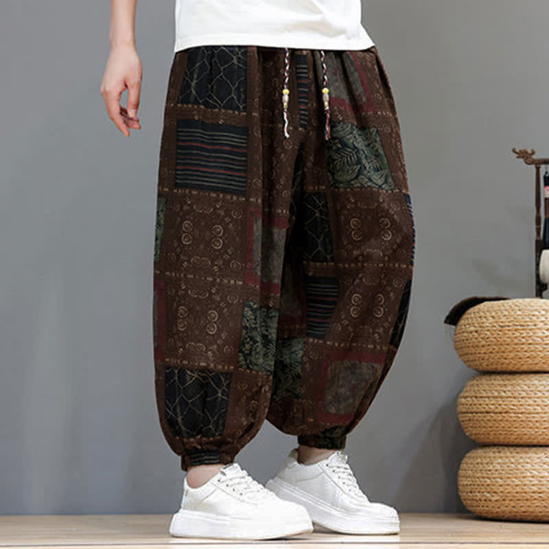 Buddha Stones Pantalones cortos geométricos de estilo bohemio casual de verano con cordón ajustable para hombre, estilo harem con bolsillo. - image 13