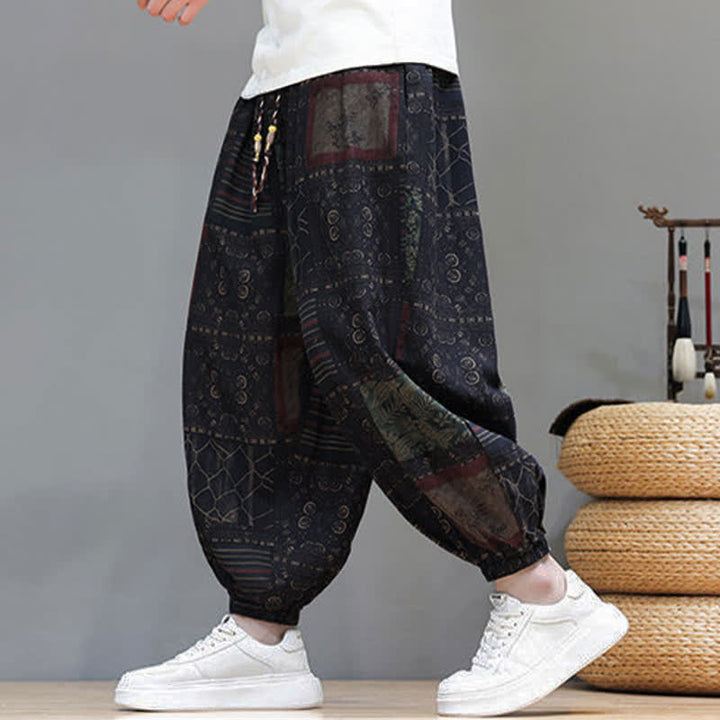 Buddha Stones Pantalones cortos geométricos de estilo bohemio casual de verano con cordón ajustable para hombre, estilo harem con bolsillo. - Negro - US/UK/AU46, EU56 (5XL) - image 41