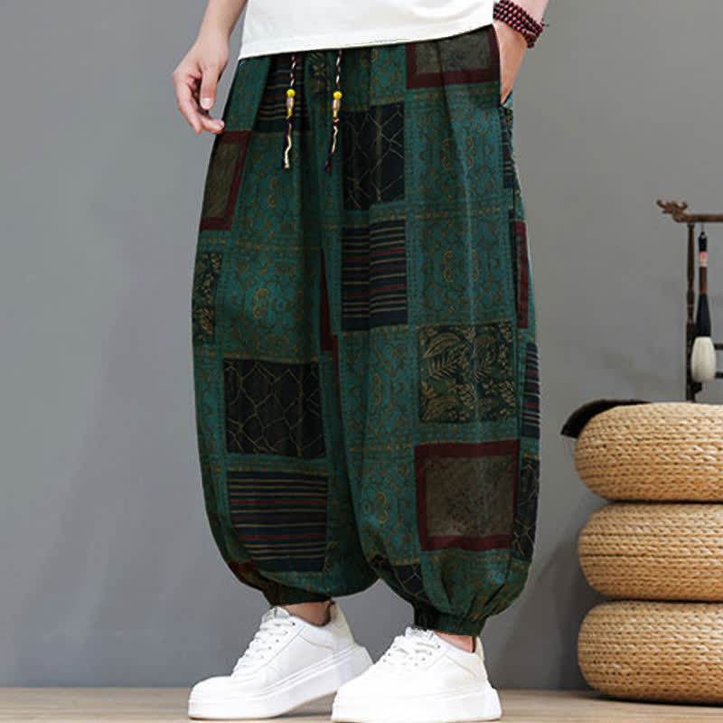 Buddha Stones Pantalones cortos geométricos de estilo bohemio casual de verano con cordón ajustable para hombre, estilo harem con bolsillo. - image 26