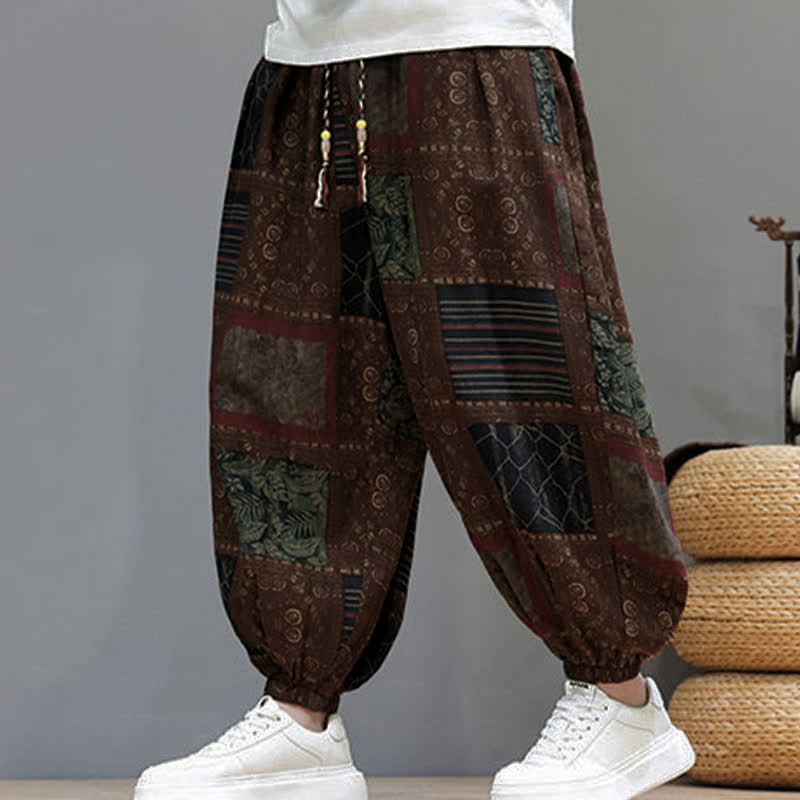 Buddha Stones Pantalones cortos geométricos de estilo bohemio casual de verano con cordón ajustable para hombre, estilo harem con bolsillo. - Tierra de siena - US/UK/AU46, EU56 (5XL) - image 9
