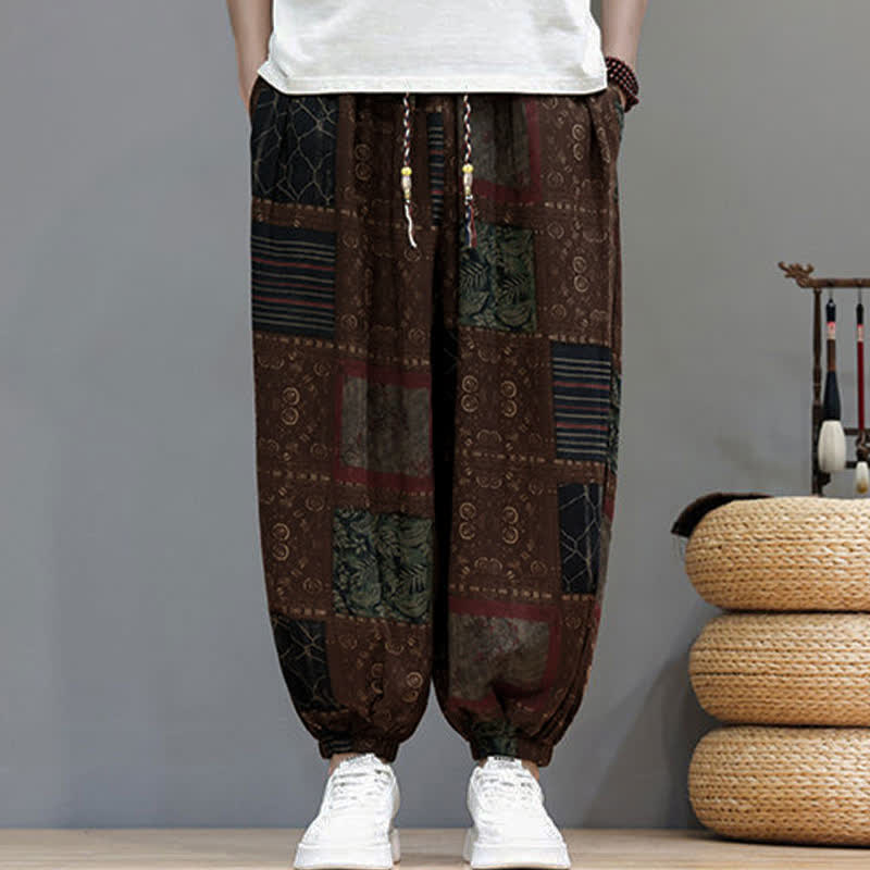 Buddha Stones Pantalones cortos geométricos de estilo bohemio casual de verano con cordón ajustable para hombre, estilo harem con bolsillo. - image 17