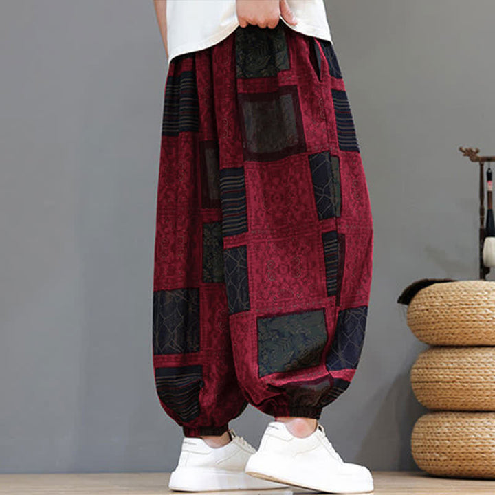 Buddha Stones Pantalones cortos geométricos de estilo bohemio casual de verano con cordón ajustable para hombre, estilo harem con bolsillo. - image 37