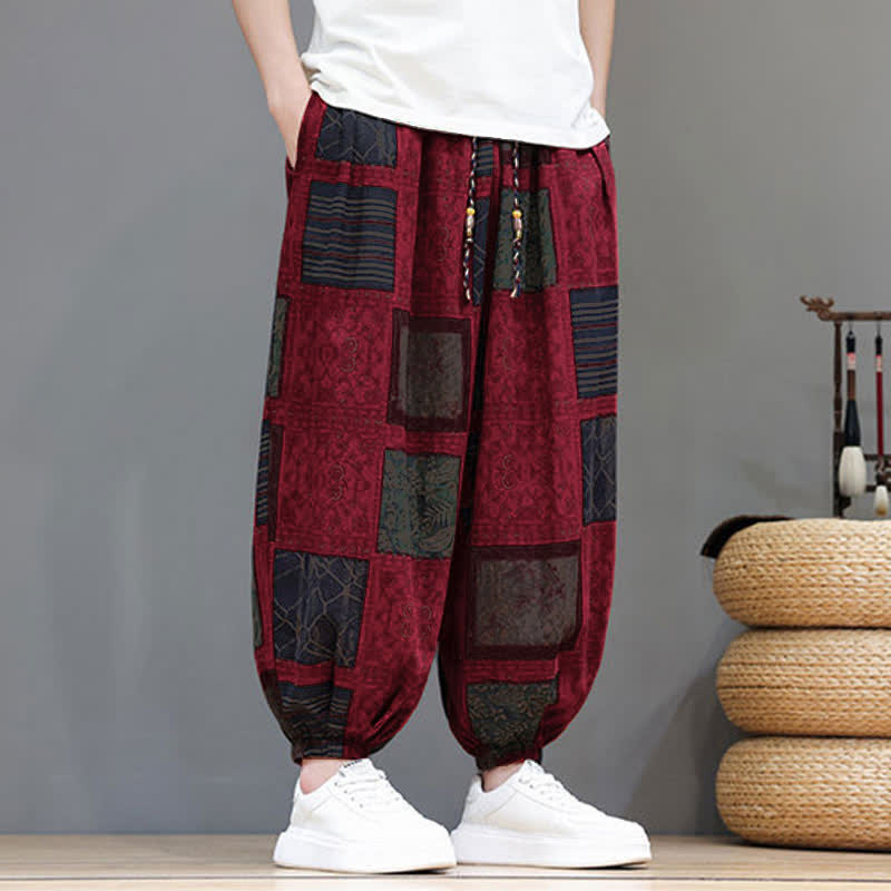Buddha Stones Pantalones cortos geométricos de estilo bohemio casual de verano con cordón ajustable para hombre, estilo harem con bolsillo. - image 32