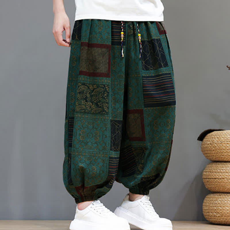 Buddha Stones Pantalones cortos geométricos de estilo bohemio casual de verano con cordón ajustable para hombre, estilo harem con bolsillo. - image 21