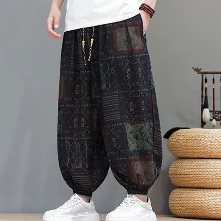 Buddha Stones Pantalones cortos geométricos de estilo bohemio casual de verano con cordón ajustable para hombre, estilo harem con bolsillo. - image 50