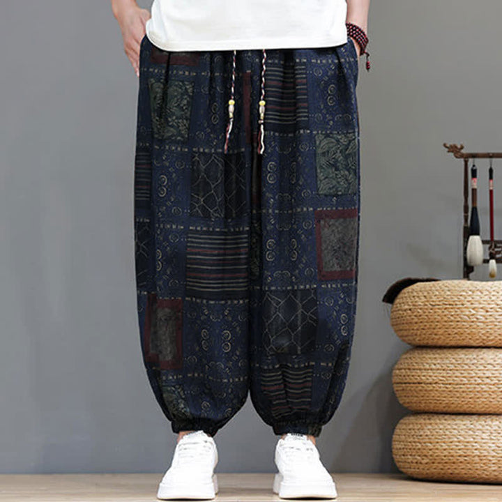 Buddha Stones Pantalones cortos geométricos de estilo bohemio casual de verano con cordón ajustable para hombre, estilo harem con bolsillo. - image 45