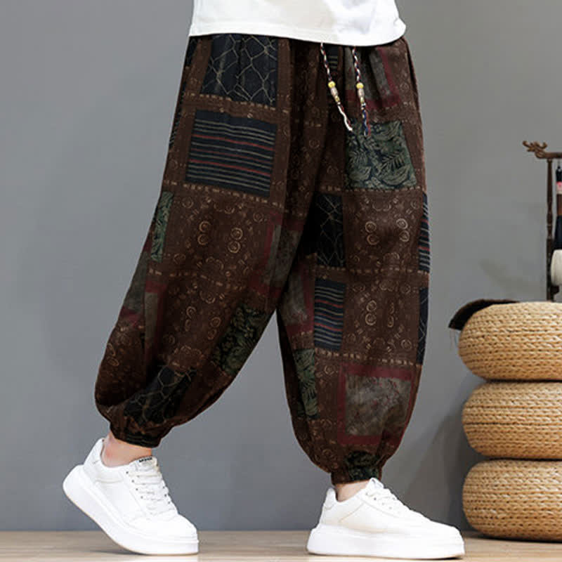 Buddha Stones Pantalones cortos geométricos de estilo bohemio casual de verano con cordón ajustable para hombre, estilo harem con bolsillo. - image 14