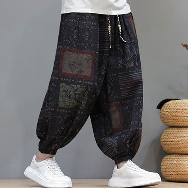 Buddha Stones Pantalones cortos geométricos de estilo bohemio casual de verano con cordón ajustable para hombre, estilo harem con bolsillo. - image 47