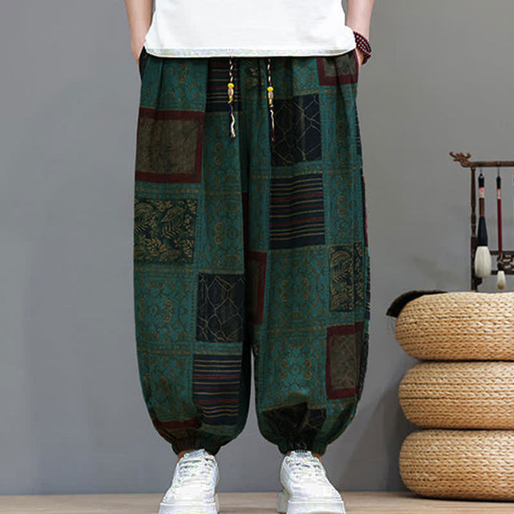 Buddha Stones Pantalones cortos geométricos de estilo bohemio casual de verano con cordón ajustable para hombre, estilo harem con bolsillo. - image 23