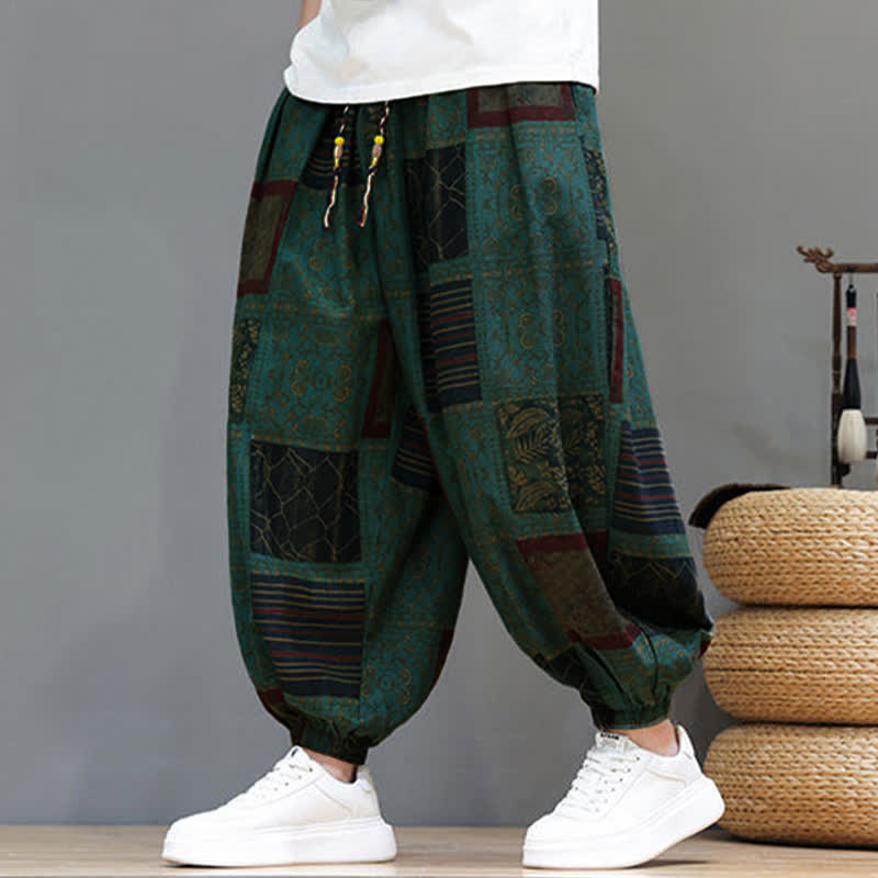 Buddha Stones Pantalones cortos geométricos de estilo bohemio casual de verano con cordón ajustable para hombre, estilo harem con bolsillo. - Azul cadete - US/UK/AU46, EU56 (5XL) - image 19