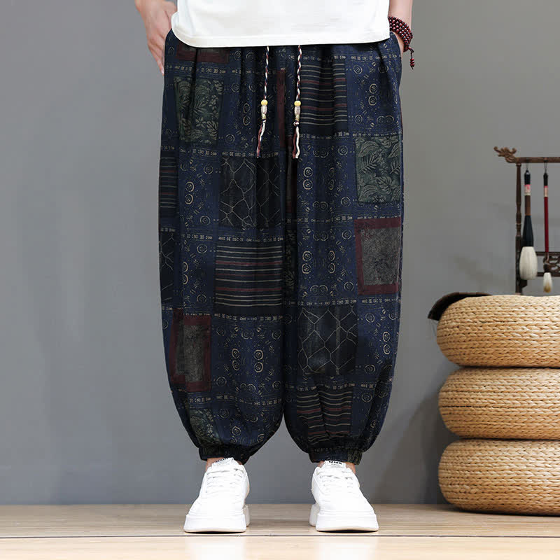 Buddha Stones Pantalones cortos geométricos de estilo bohemio casual de verano con cordón ajustable para hombre, estilo harem con bolsillo. - image 46